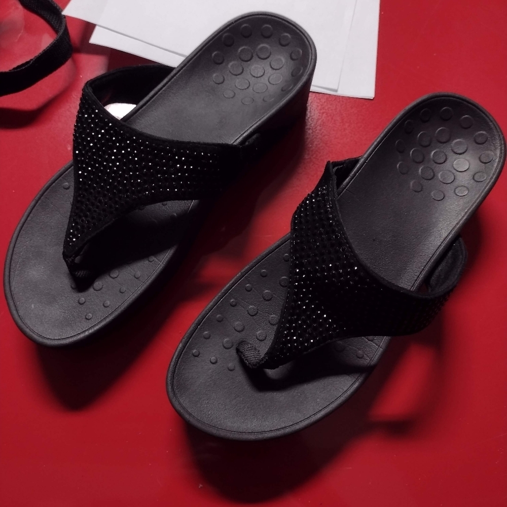 Vionic black sandals platform glitter sz 9